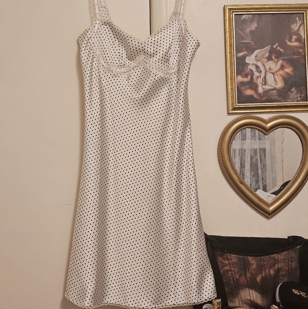 pink x frankie's bikinis black + white polka dot slip dress